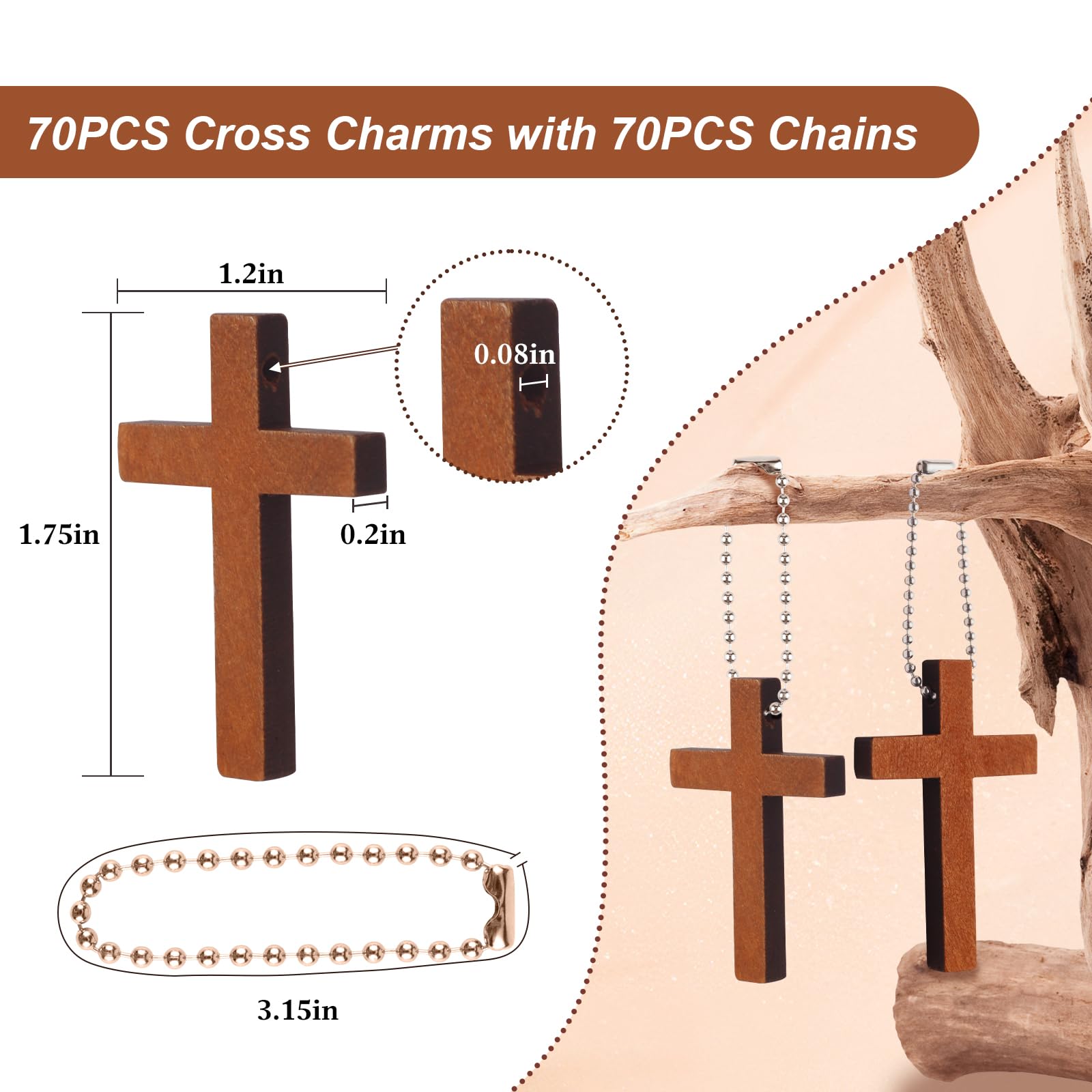 Gtudkae 1 Box Wooden Pocket Cross Contains 70 Cross Charms and 70 Chains, Pure Natural Wooden Crosses Pendants for Church Praying,Easter, Christian Gifts, Crafts for DIY Jewelry, Keychains