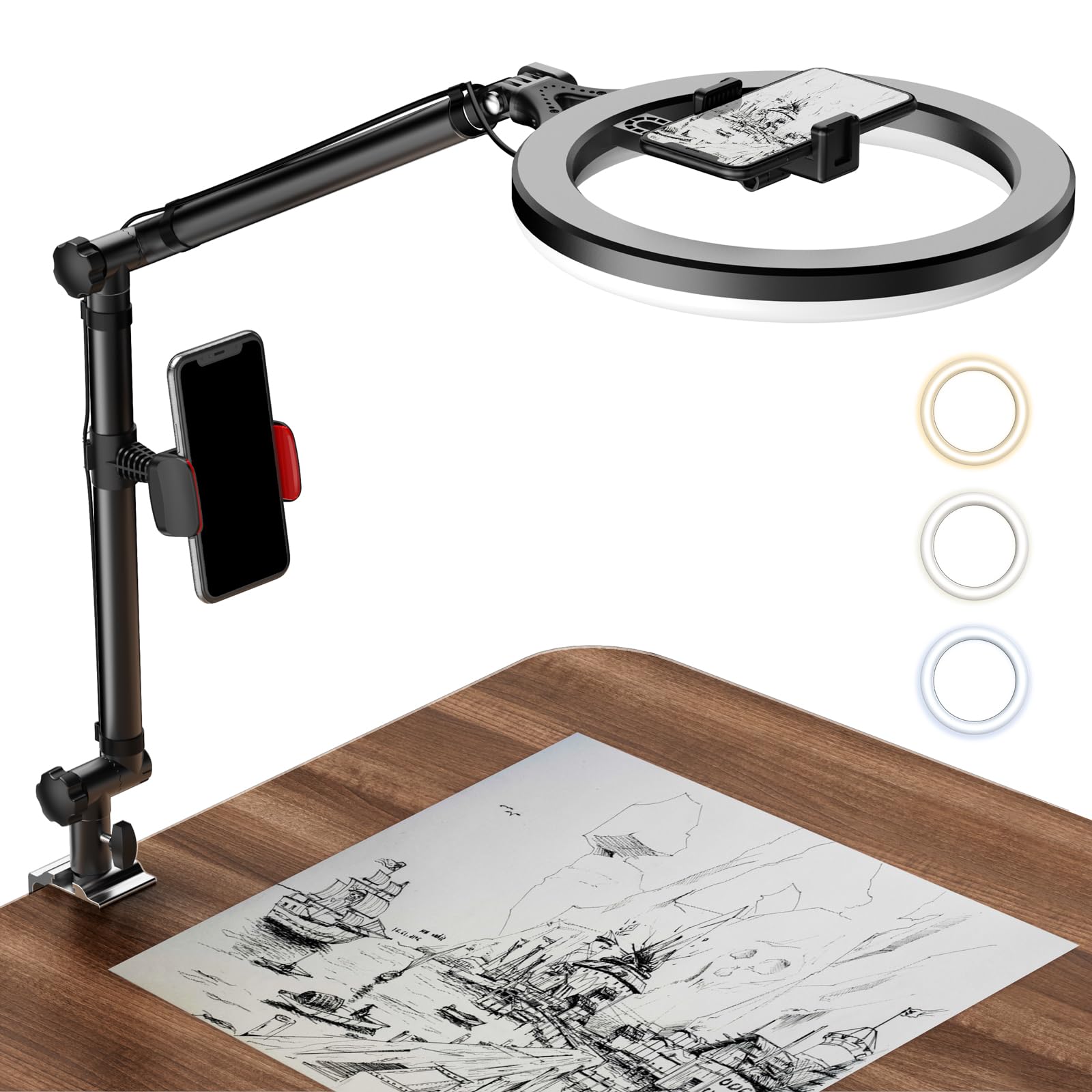 Photo 1 of Ring Light with Stand and Phone Holder, USB 10" Ring Light for Desk, Overhead Camera Mount with Ringlight, Desk Lamp with Clamp for Photography/Makeup/Live StreamVideo/YouTube