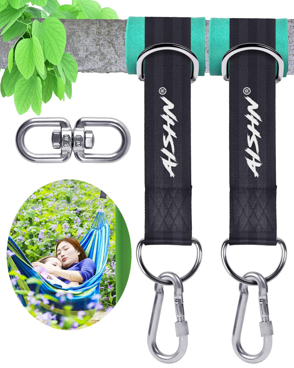 AISHN Tree Swing Straps Hanging Kit, Adjustable Hammock Straps(Set of 2), 2200Lbs Break Strength. 5ft Long with Tree Protector Sleeves, Swivel Strong Stainless Hook, Rustproof Screw Lock Carabiners