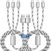 10Ft Multi Charging Cable 3A, 2Pack Braided Fast Charging 3-in-1 Multiple Charger Cable with IP/Micro USB/Type C Adapter Port for Cell Phones/iPhone 17 16 15 14 13/ Samsung/Pixel/Tablet and More