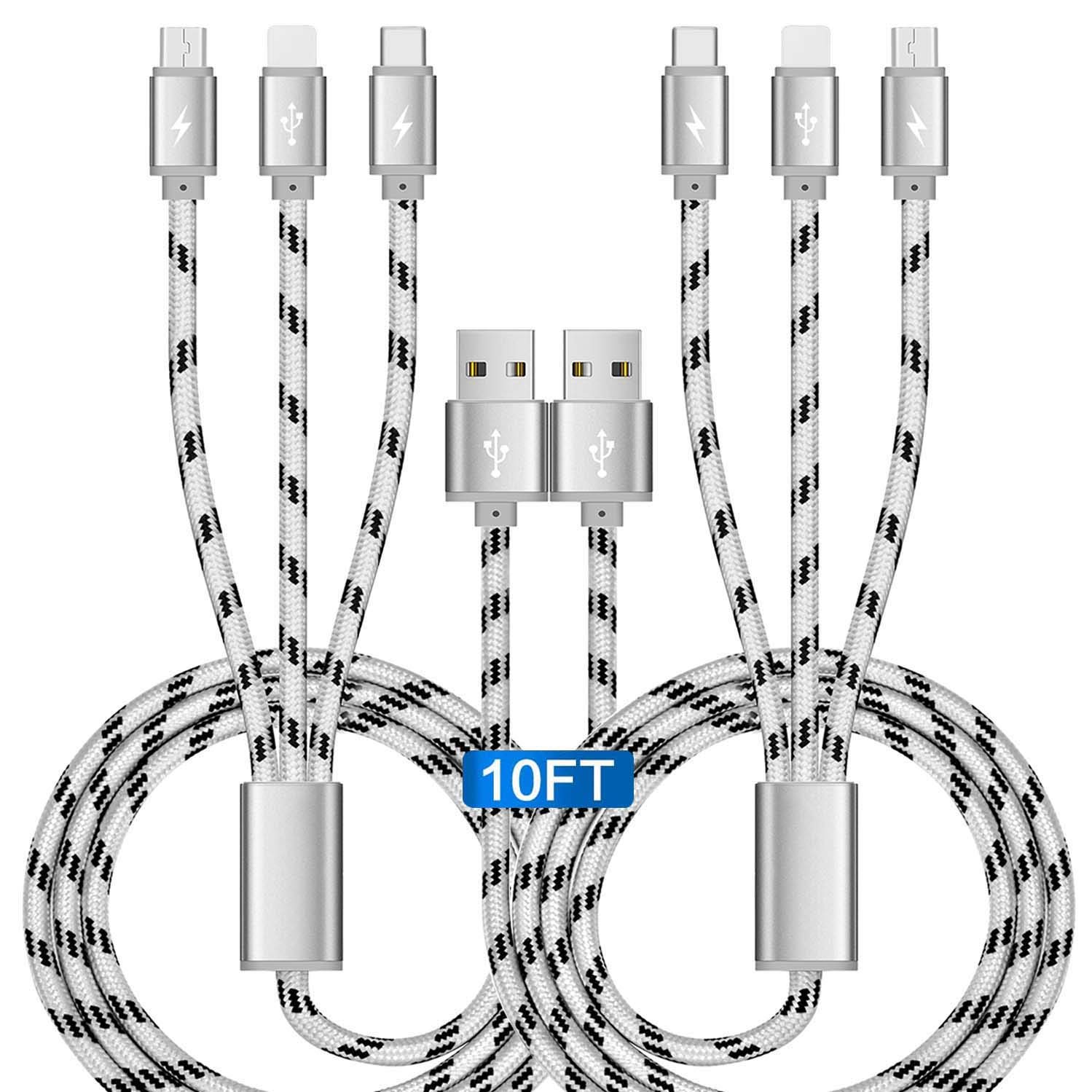 Photo 1 of 10Ft Multi Charging Cable 3A, 2Pack Braided Fast Charging 3-in-1 Multiple Charger Cable with IP/Micro USB/Type C Adapter Port for Cell Phones/iPhone 17 16 15 14 13/ Samsung/Pixel/Tablet and More