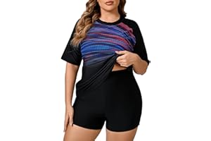 JOYBIK Women's Plus Size Short Sleeve Rash Guard with Built in Bra UPF50+ Swim Shirt and Shorts Two Piece Swimsuit