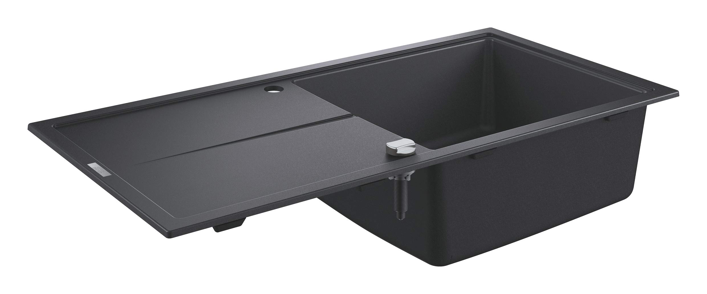 GROHE K400 – Reversible Top Mounted Quartz Composite Kitchen Sink with Drainer (1 Bowl 480 x 420 x 205 mm, Waste Kit, Basket Strainer Waste, Mounting Set), Size 1000 x 500 mm, Granite Black, 31641AP0