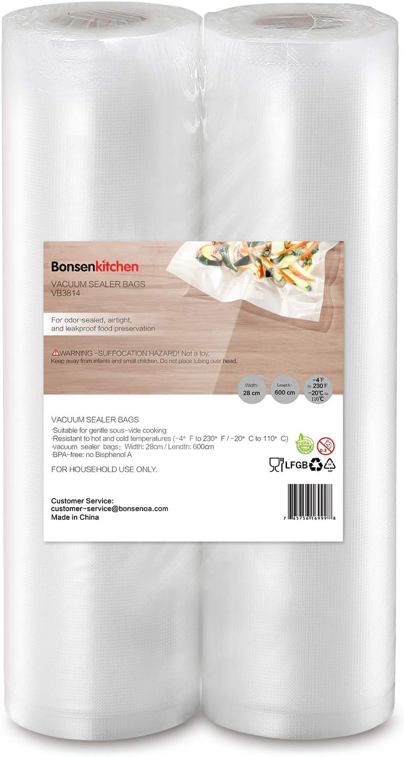 Bonsenkitchen Rollos al Vacio para Envasadora al Vacío, 2 Rollos 28 x 600cm Bolsas de Vacio Gofradas para Conservación de Alimentos y Sous Vide Cocina & Boilable - VB3814