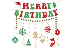 Gameza Christmas Birthday Decorations, 15PCS Glittery Merry Birthday Banners Hanging Swirls Decor, Xmas Happy Bday Party Decor for Girls Boys
