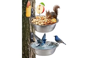 TKMSV 2 Pack 8.5"/1.4L Squirrel & Bird Feeder Combo - 1 Metal Food Bowl with Colander System + 1 Water/Bath/Swim Tray | Tree/
