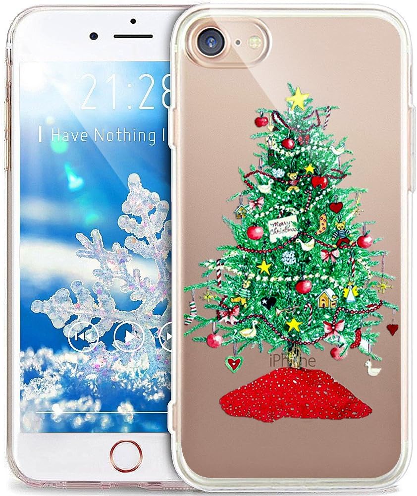 iPhone 8 Case,iPhone 7 Case,Xmas Christmas Snowflake Serie,Soft Silicone Rubber Bumper Case,Crystal Clear Soft Clear Silicone Back Case Cover for iPhone 8 / iPhone 7,Green Christmas Tree