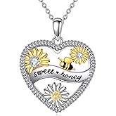LUHE Bee Necklace 925 Sterling Silver Honeycomb Cute Flower Pendant Necklaces for Women Gifts for Her Women