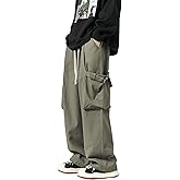 PRIJOUHE Men's Baggy Cargo Pants Casual Loose Fit Wide Leg Pants with Elastic Drawstring Waist