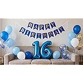 16th Birthday Party Decoration for Boys, Happy 16th Birthday Banner Blue Gold Number 16 Foil Balloons Latex Confetti Balloon for Boys Him Son 16 Years Old Birthday Decoration (16th)
