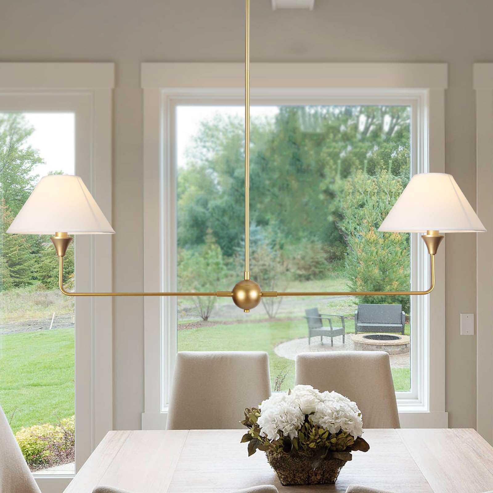 Photo 1 of HuisMier Modern Linear Chandelier for Dining Room, 2-Light Gold Linear Kitchen Island Lighting with Off-White Fabric Shade, Rustic Pendant Light Fixture for Dining Room Restaurant Bedroom Living Room
