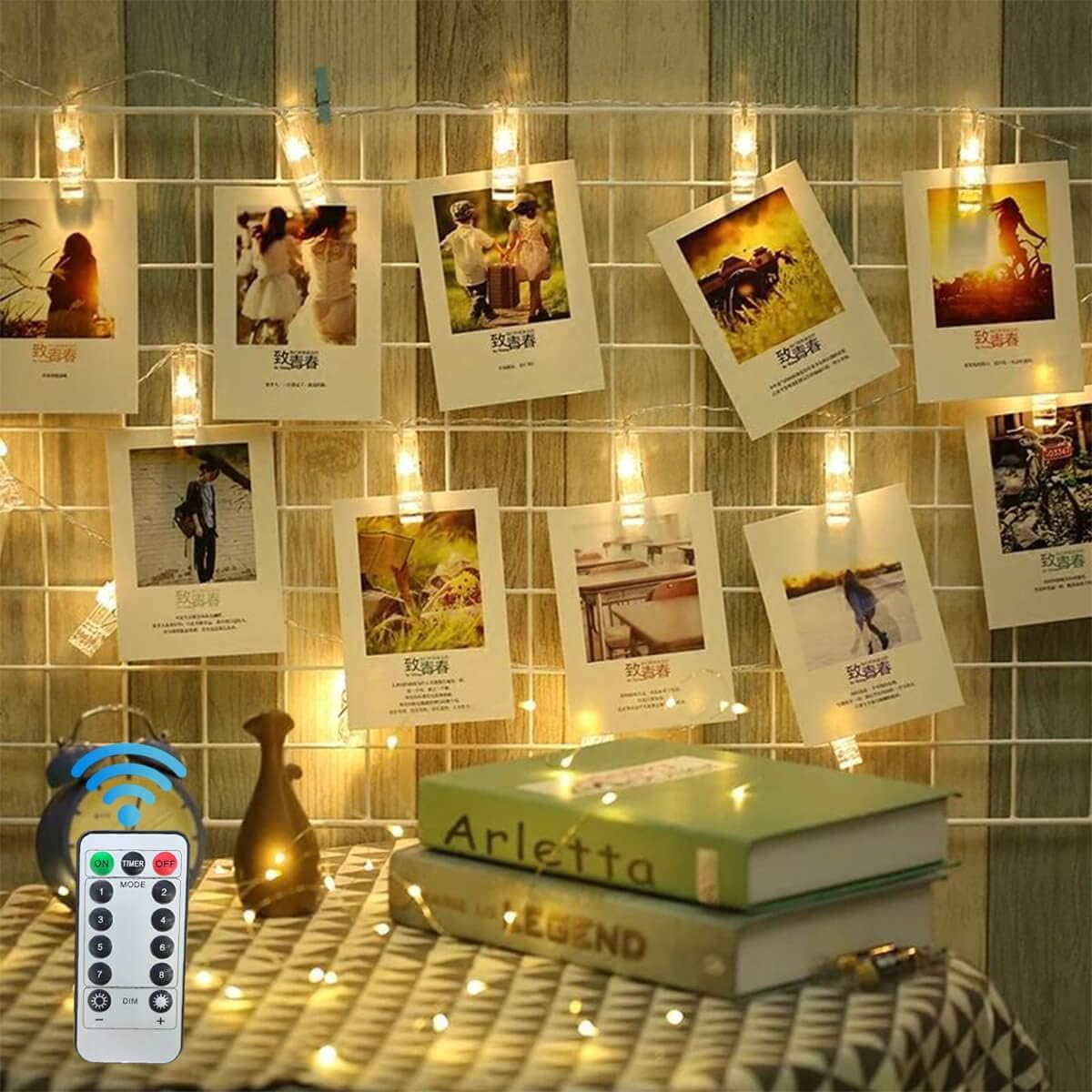 HOTINS LED Photo Clip String Lights - Upgraded Remote Control 8 Modes 20LED 10FT Battery Operated Warm White Fairy Lights with Clips for Hanging Photos Pictures