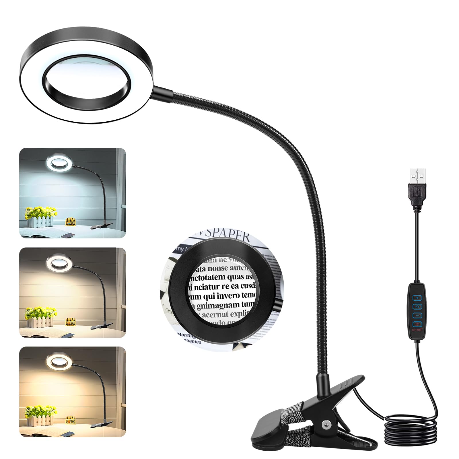 JUOIFIP 10X Magnifying Glass with Light and Stand, Magnifying Lamp Magnifiers with Clamp 3 Modes USB Light, Magnif.ying Glasses for Hobbies,Reading, Crafting,Sewing,Seniors,Craft Work