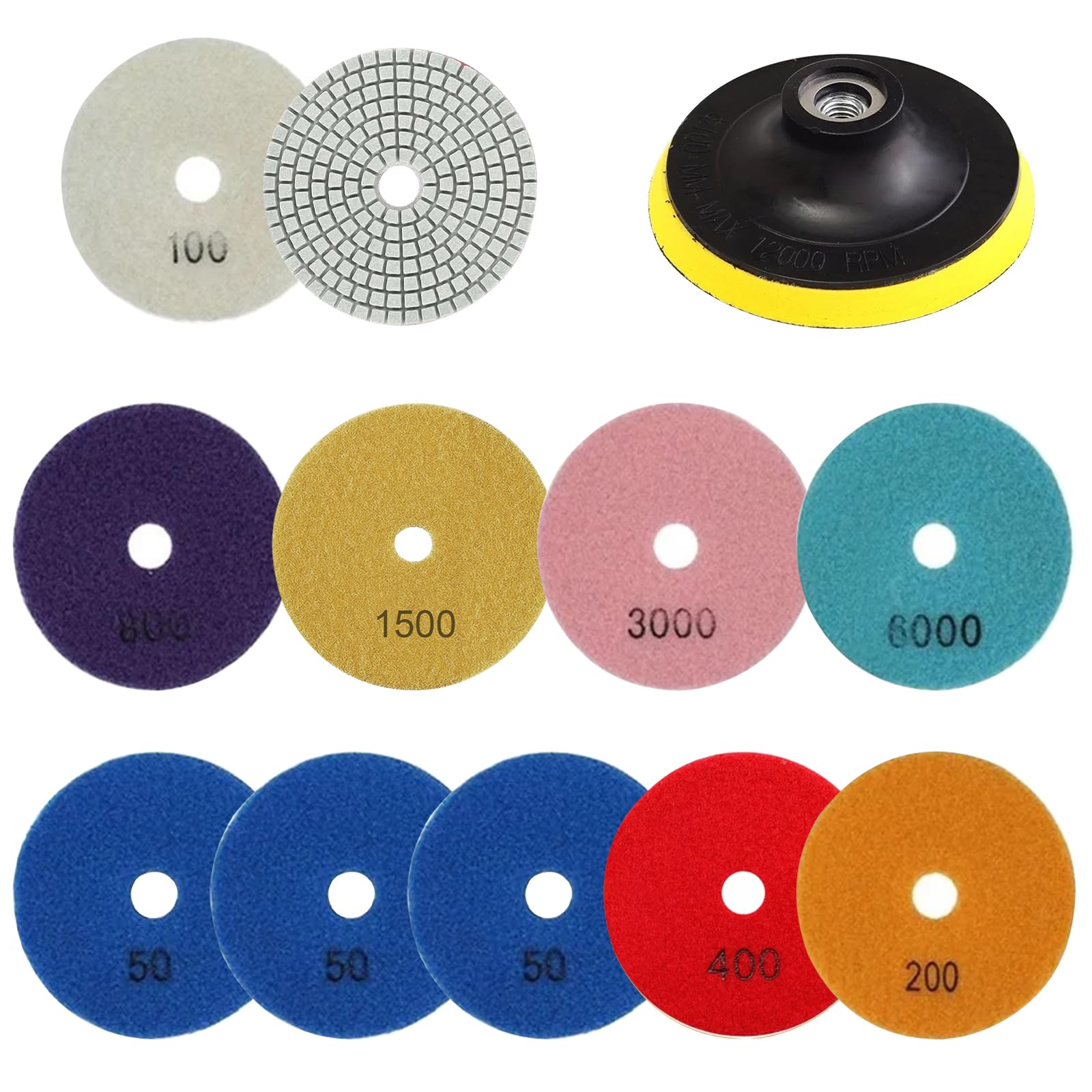 Skibetfo Set of 12 Diamond Polishing Pads 4 Inch with M14 Backer Pad,100mm Wet/Dry Tile Polishing Pads for Granite Concrete Marble Stone Quartz,50-6000 Polishing Grit Pads for Grinder Polisher