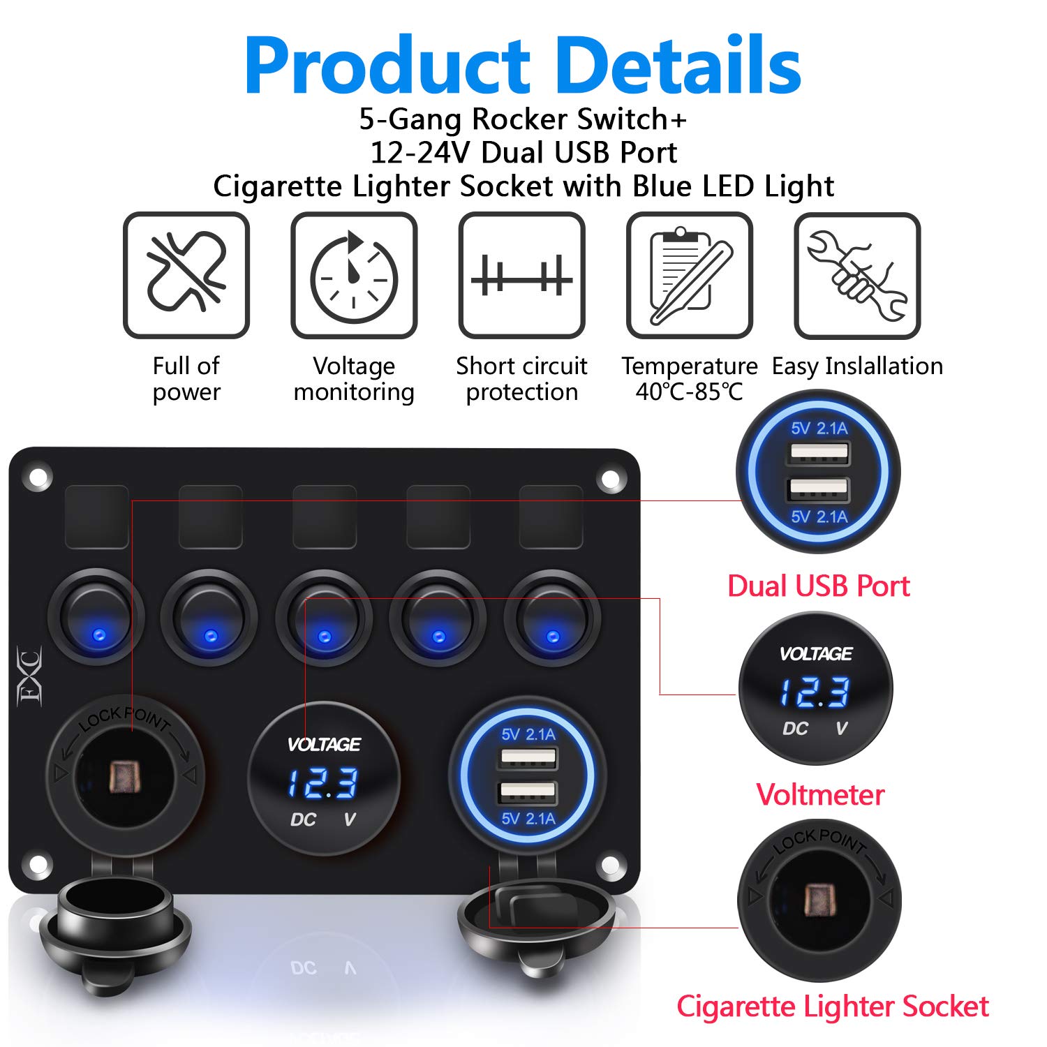 FXC 5 Gang Rocker Switch Panel with Dual USB Slot Socket 5V 4.2A + Cigarette Lighter + Voltmeter for Marine Boat Car Rv Vehicles Truck 12-24V Waterproof Blue LED (5B Blue): Industrial & Scientific