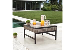 Festival Depot Patio Coffee Table Metal Table with Wicker and Wood Grain Top Rattan Outdoor Furniture for Bistro Deck (Square)