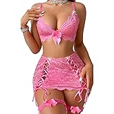 Gulinala Sexy Lingerie Set for Women Lace Bra Panty Bandage Bodycon Skirt With Ruffle Cuffs