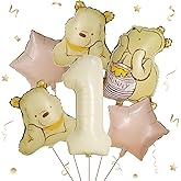 6Pcs Winnie Pooh 1st Birthday Decorations – Vintage Pooh Bear 3D Foil Balloon Set for Baby Boys and Girls First Year Party Decor