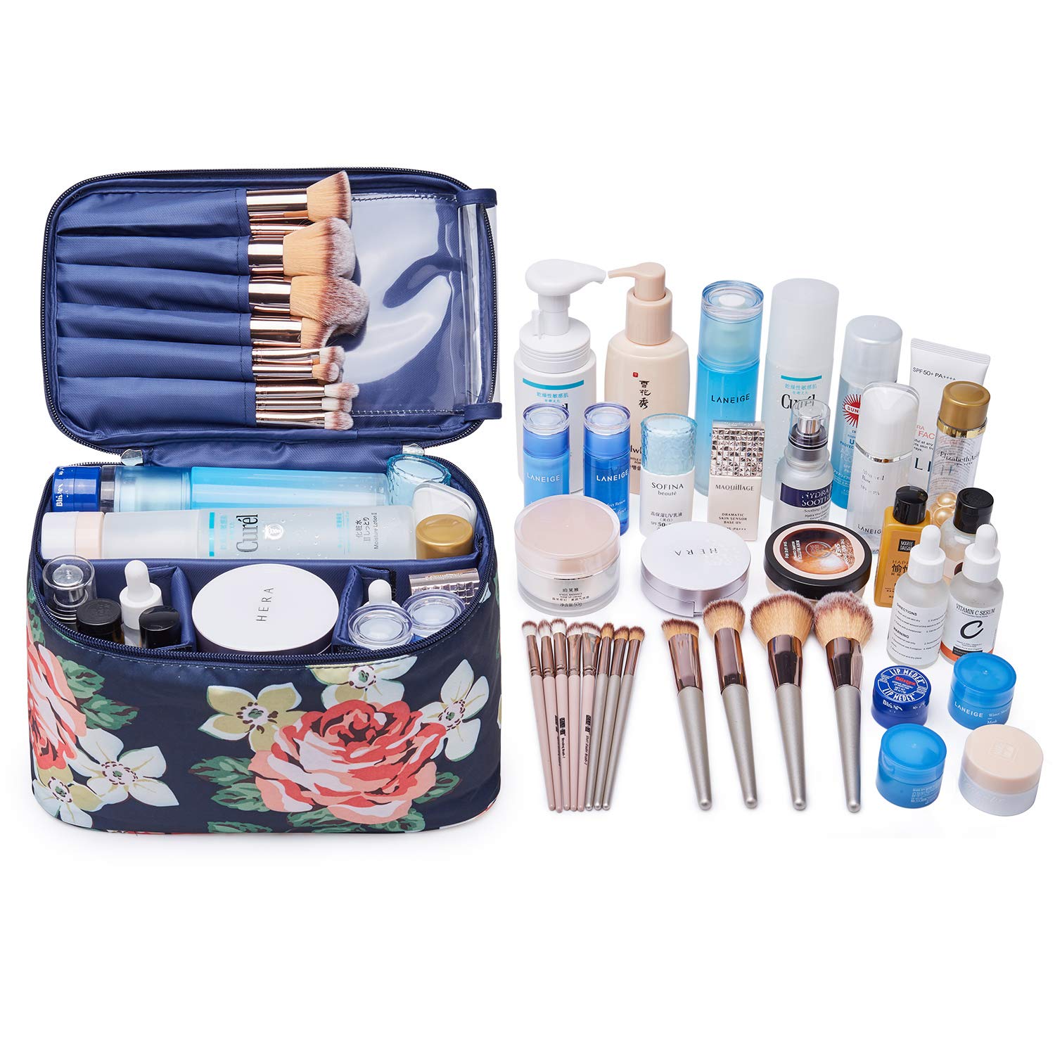 Travel Makeup Bag Large Cosmetic Bag Makeup Case Organizer for Women and Girls (Large, Blue Peony)