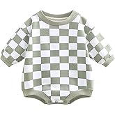 Bafeicao Baby Boy Girl Checkerboard Sweatshirt Romper Organic Cotton Checkered Bubble Romper Oversized Long Sleeve