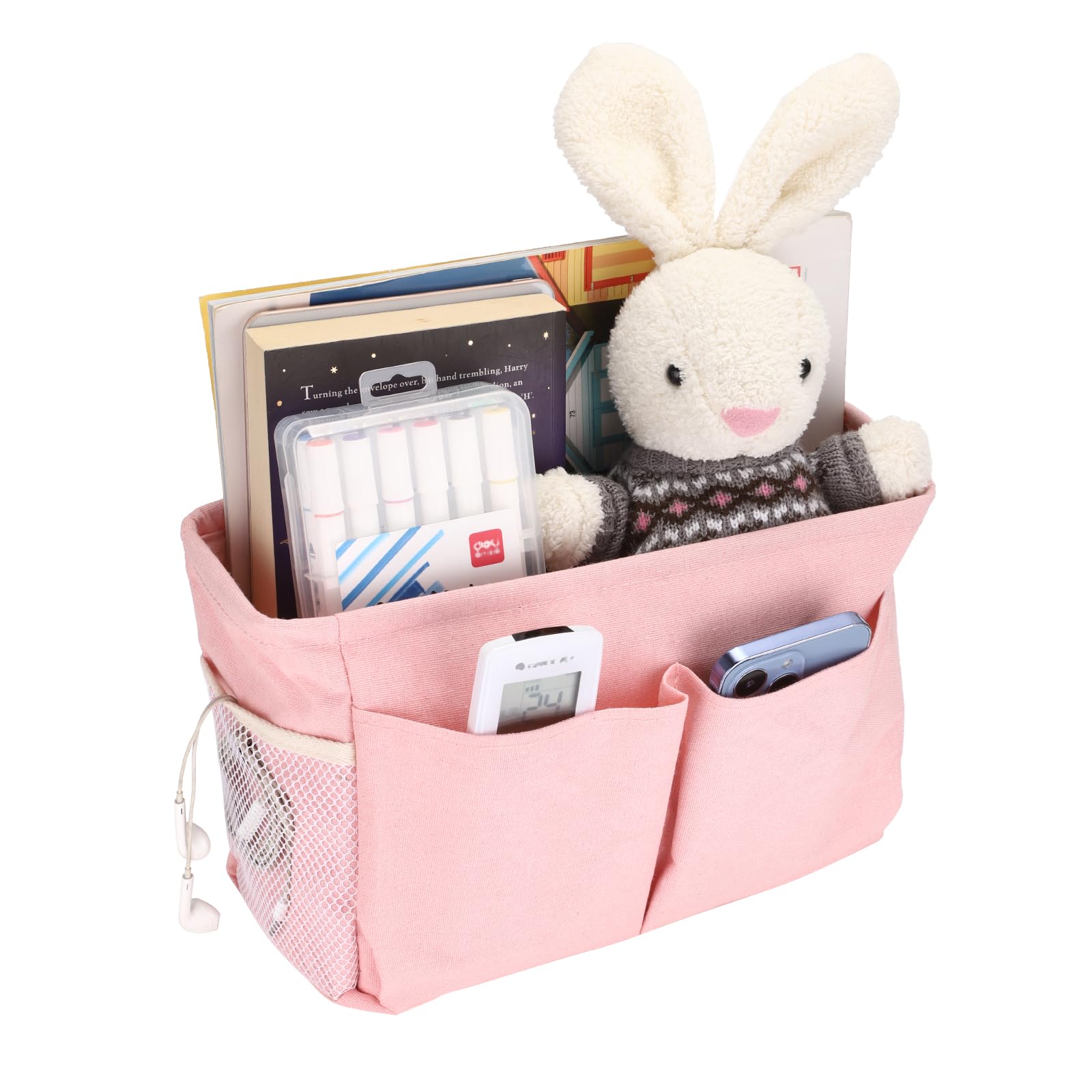 IGNPION Canvas Bedside Hanging Storage Bed Pockets Baskets-Adjustable Hanging Tape Dormitory Bed Organiser Caddy Mulit-purpose Hanging Storage Bag for Home Office School Dorm Hospital Pink