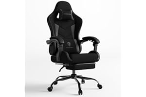 DOWINX Gaming Chair with Footrest, Ergonomic 330lbs Leather Mesh Chair, Massage Lumbar Support, Adjustable Height & Headrest Pillow, Breathable Seat for Office, Home, Streaming, Long Gaming Sessions, Black