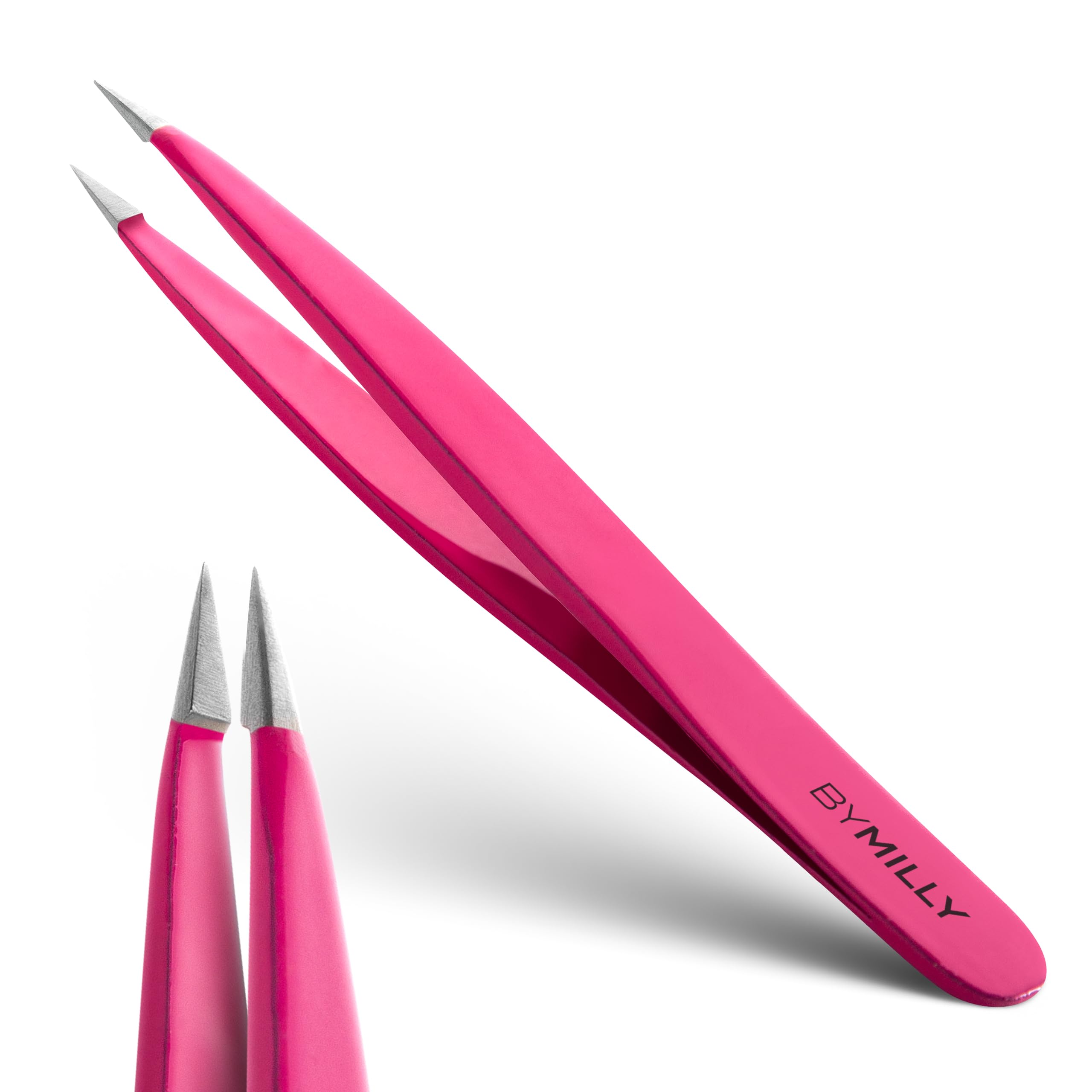 By MILLY Pointed Tweezers - High Carbon Stainless Steel, Point-Tip Precision Tweezers for Ingrown Hair, Eyebrows, Facial Hair, Splinters, Glass Removal - Perfectly Aligned, Hand-Filed - Pink