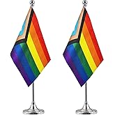 ZXvZYT 2 Pack Progress Pride Rainbow flag Gay table flag,Small Mini LGBT Desk Flags With Stand Base,American Rainbow Mardi Gras Party Decorations Supplies