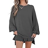 Opemiby Womens 2 Piece Outfits Ribbed Oversized Long Sleeve Top and High Waist Skort Lounge Matching Skirt Set