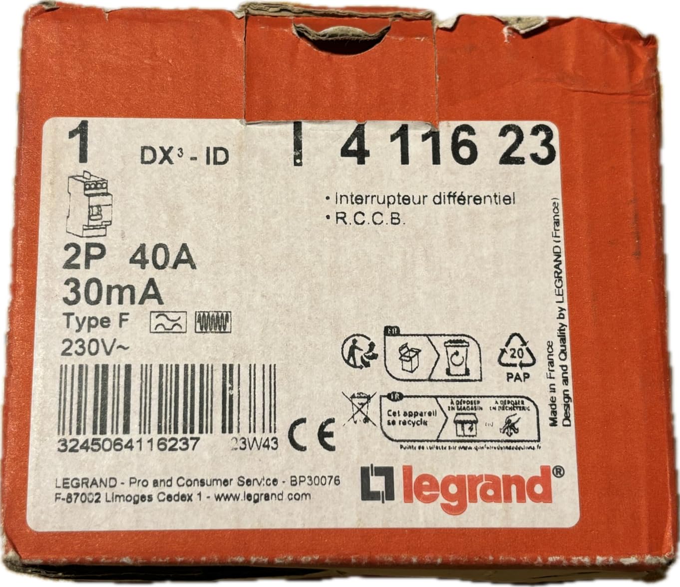 Legrand DX3 2 Pole Type Differential Interrupter, 40 A, 30mA, HPI, Screw/Screw