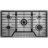36 Inch Gas Cooktop 5 Sealed Burners, Stainless Steel Drop-in Stovetop Dishwasher Safe Cast Iron Grates, NG/LPG Convertible, 38K BTU