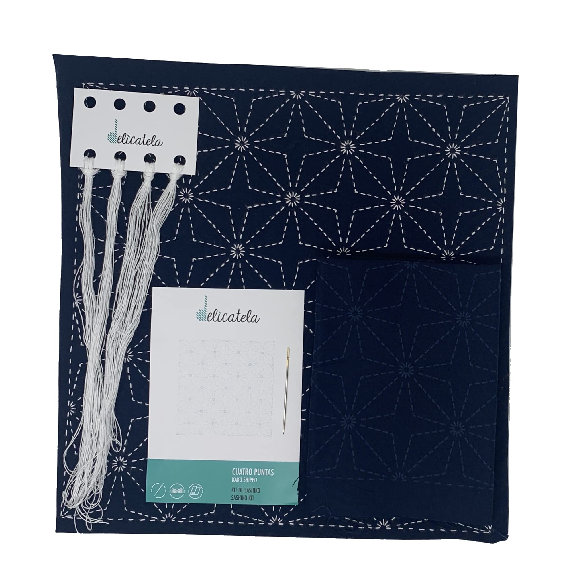 DELICATELA Sashiko | Japanese Embroidery Kit | Fabric 68cm x 34cm Pre-Stamped (30cm x 30cm) | Natural Thread | Long Needle | Embroidery Instructions | 4 Prong Design (Indigo Blue)