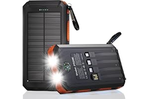 Durecopow 太阳能充电器移动电源 20,000 mAh,便携式充电器,4 根电缆,3 个端口快速充电外部电池组,带 USB C 手机,太阳能电池板充电器带双手电筒,适合露营
