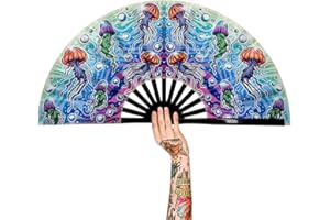 Raveahem Rave Festivals Large Bamboo Silk Folding Clack Hand Fan for Men/Women Handheld Fan for Pride,Club,Freaky,Event,Party,Dance,EDM,Performance,Decoration,Gift (Jellyfish)