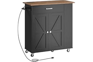 CHOEZON Kitchen Island Cart with Storage, Kitchen Cart with Charging Station, Kitchen Island on Wheels, Rolling Mobile Kitchen Island Table with Cabinet, 3 AC Outlets, Black and Walnut MZD04UBL