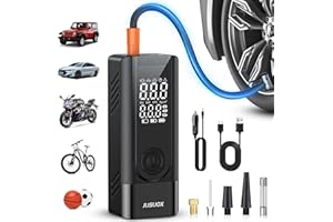 JUSUOX Tire Inflator Portable Air Compressor, 150PSI Cordless Air Pump for Car Tires, Battery & 12V DC Dual Power Electric Bike Tire Pump with Digital Pressure Gauge, LED Light, for Motorcycle, Ball