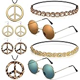 Tuanse 8 Pcs Hippie Costume Set Boho 70s 80s Outfits for Women Sunglasses Elastic Headband Peace Sign Necklace Earrings