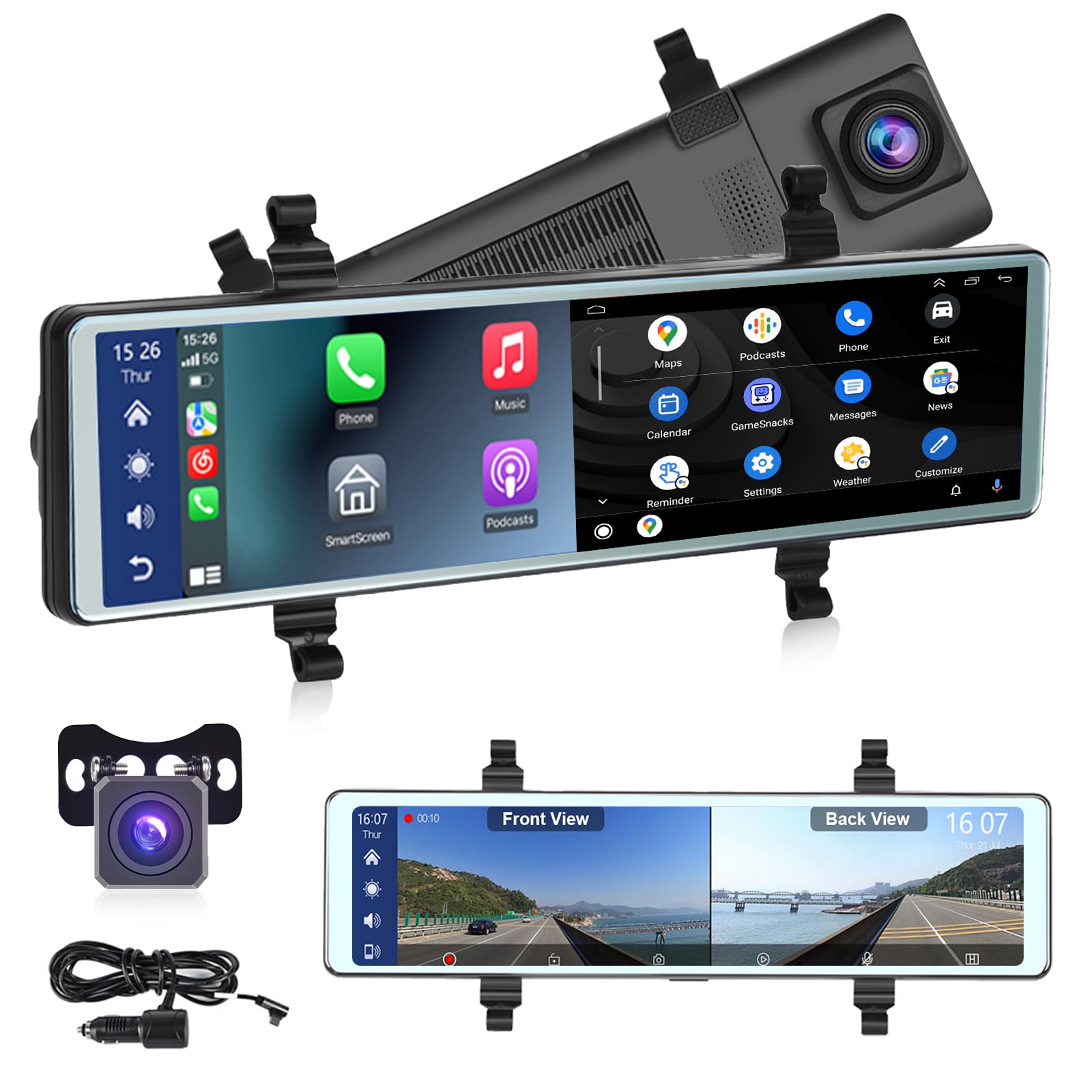 Hodozzy Camera Car Dash Cam Rear View Mirror Carplay Wireless Android Car Bluetooth 11.26 Inch Touchscreen IPS Screen DVR Front Rear View Cameras Night Vision WDR Mirror Dash Cam Video Recording FM