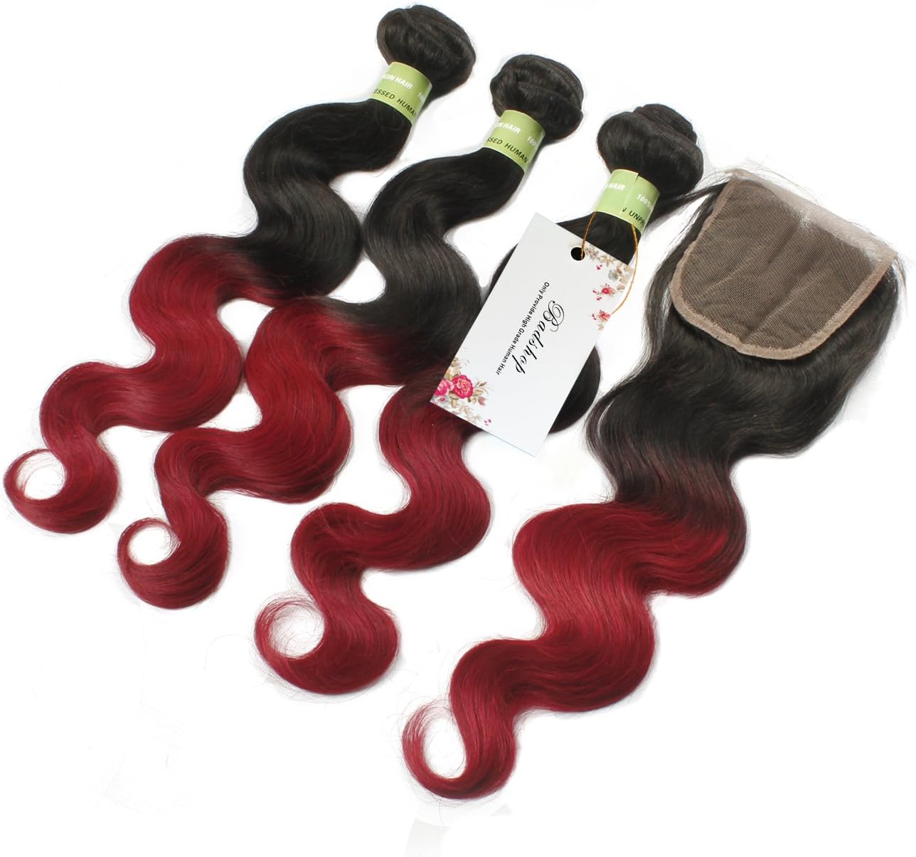 Badshop Ombre Hair Extensions Brazilian Virgin Hair 4 Bundle Bundles With Closure Body Wave 100% Human Hair1B/BUG (20 with 22 24 26)