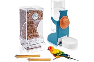 VCEPJH No Mess Bird Feeder with Water Dispenser, Automatic Parrot Feeder Drinker Parakeet Seed Dispenser Food Container with Cage Perch for Lovebirds Conures Budgies Canary Finch (4Pcs)