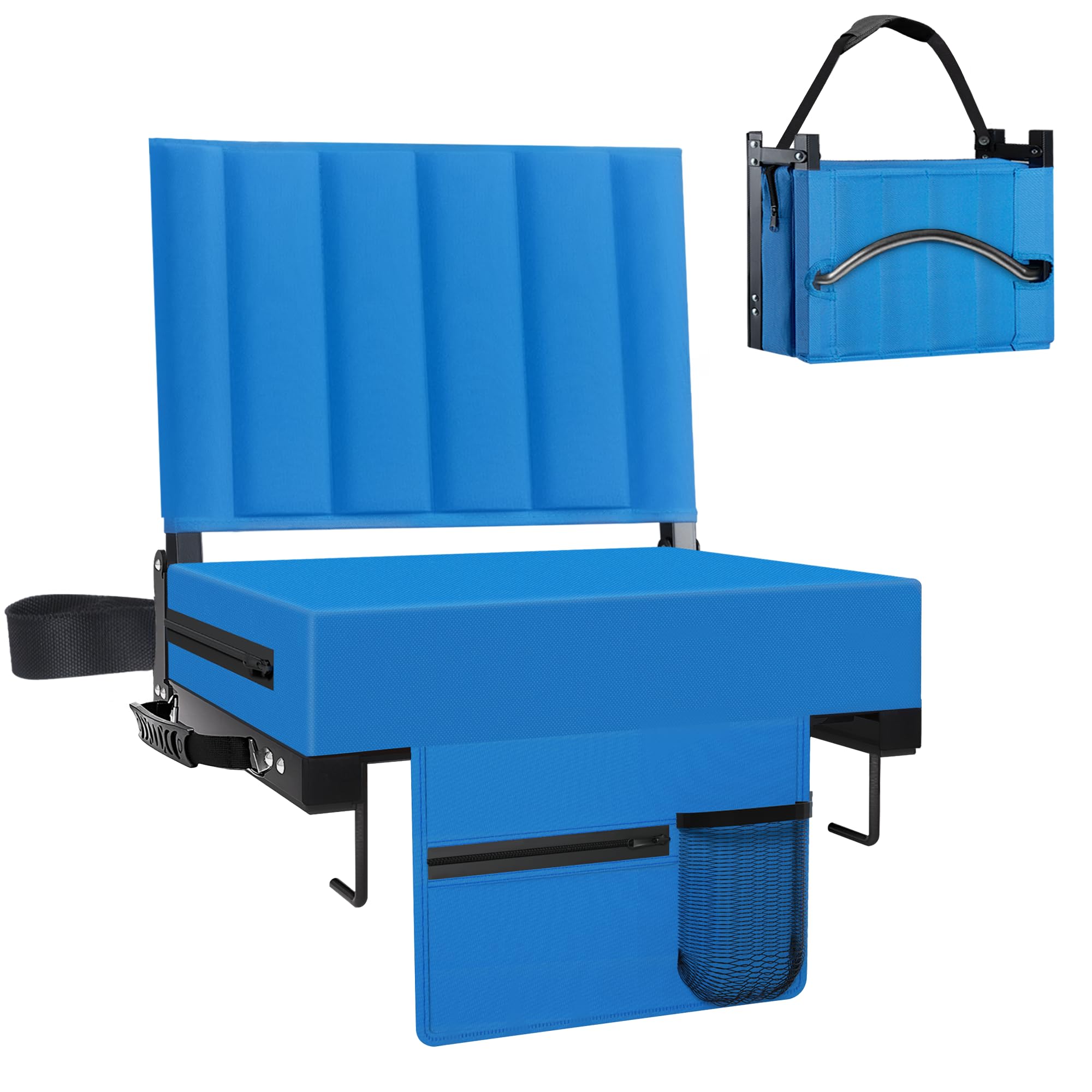 Aliphon Stadium Seat for Bleachers with Back Support and Cushion, Bleacher Seats with Shoulder Strap and Cup Holder, Padded Portable Folding Comfort Stadium Chair, for Sports Events, Blue (1pcs) Image