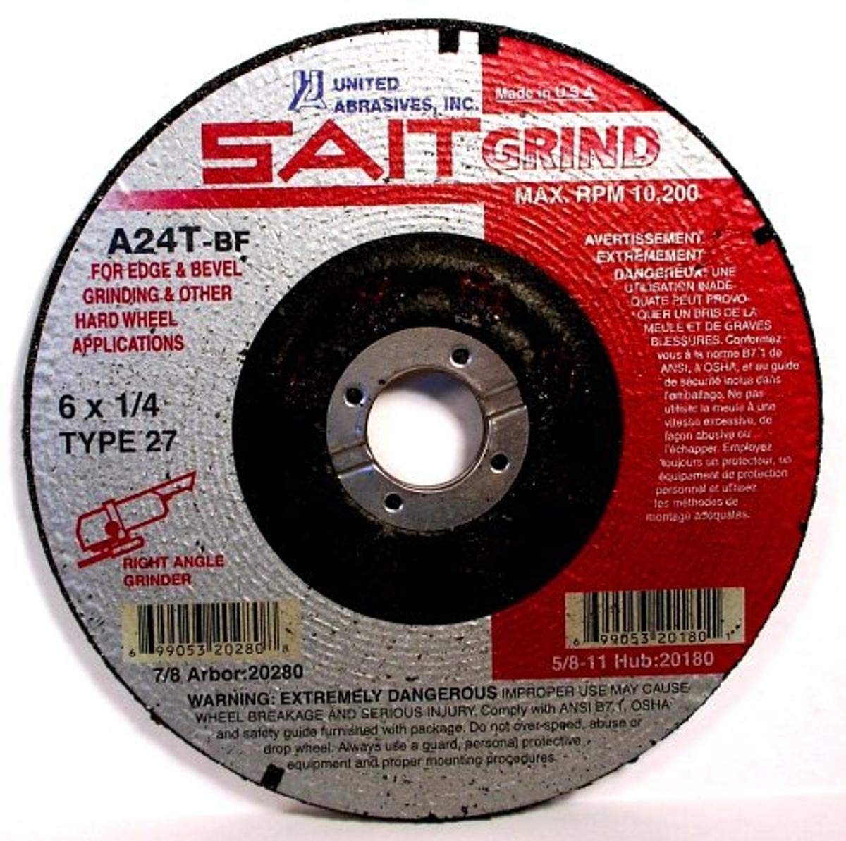 United Abrasives-SAIT 20280 A24T Muela abrasiva resistente de 6 x 1/4 x 7/8 (tipo 27/centro deprimido), paquete de 25
