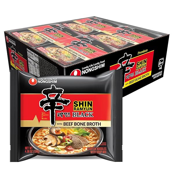 NONGSHIM SHIN RAMYUN BLACK NOODLES, SPICY KOREAN SIGNATURE INSTANT RAMYUN, RICH BEEF BONE BROTH, PANTRY ESSENTIAL KOREAN NOODLES, QUICK AND EASY, 4.58 OZ (PACK OF 16)