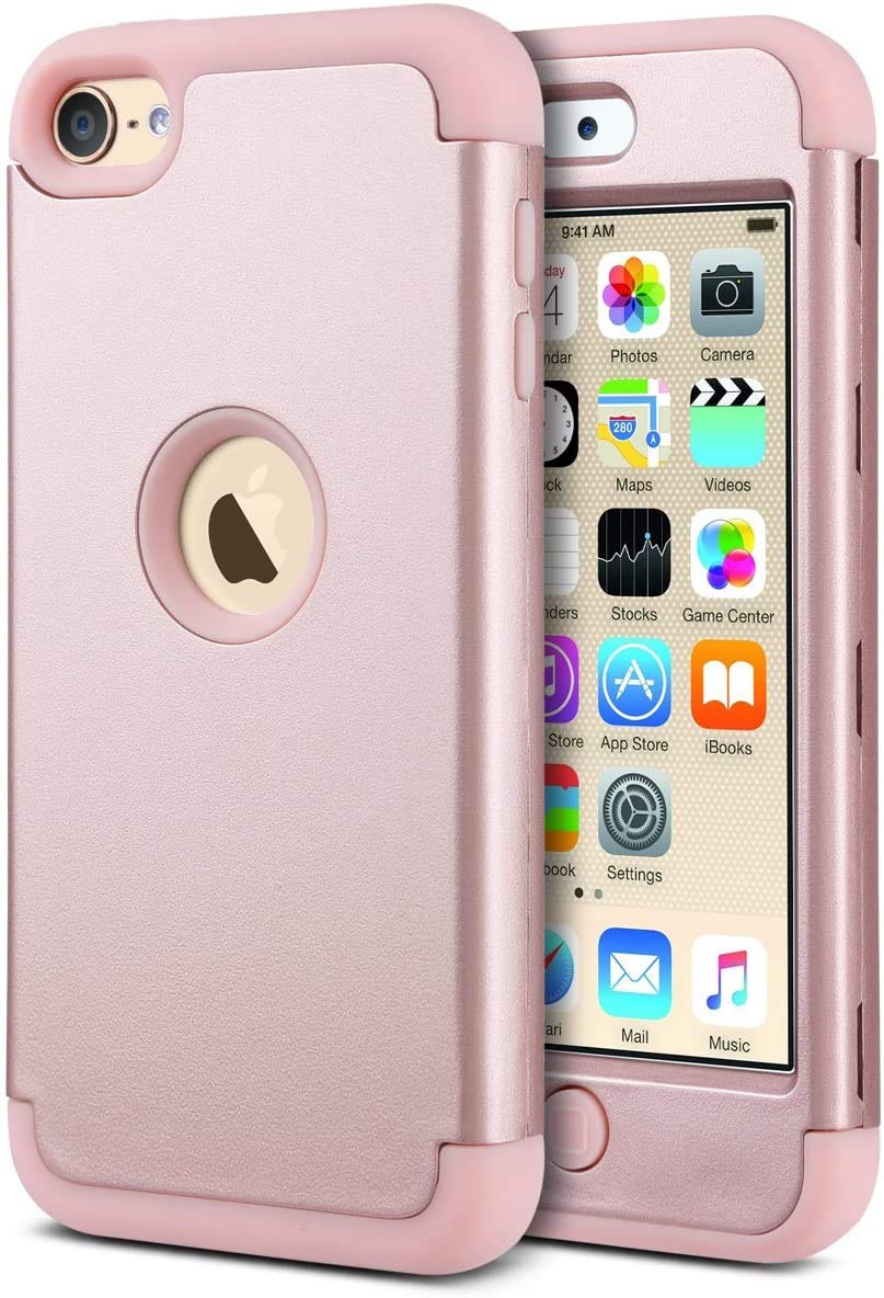 ULAK for iPod Touch 7th Generation Case, iPod Touch 5/6 Case Hybrid 3 Layer Silicone Bumper Shockproof Hard Cover for iPod Touch 5th/6th/7th Generation, Rose Gold