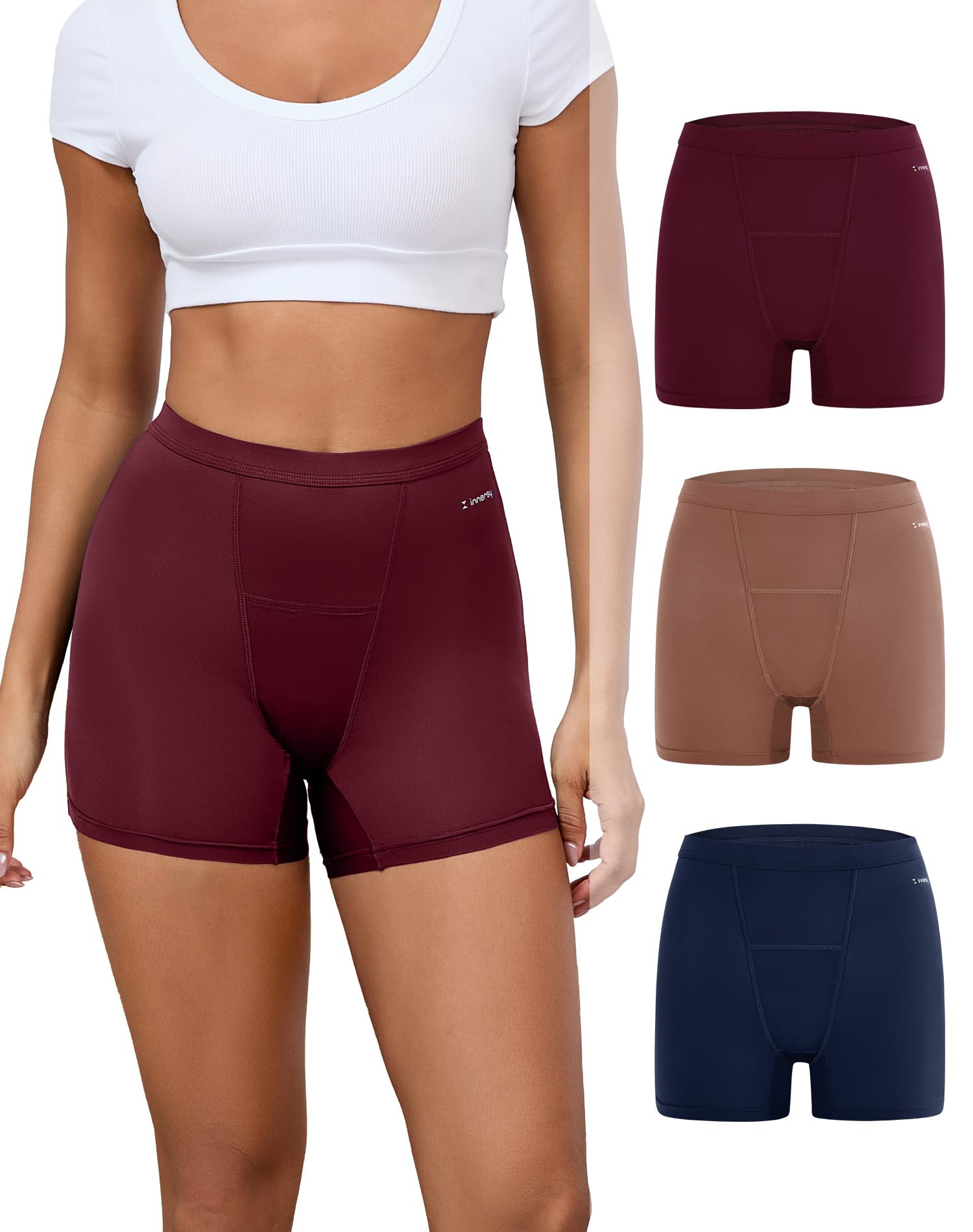 Photo 1 of INNERSY Period Boxer for Women High Waisted Leak Proof Postpartm Menstrual Mesh BoyShorts Panties Underwear 3-Pack (Dark Vintage, Medium)