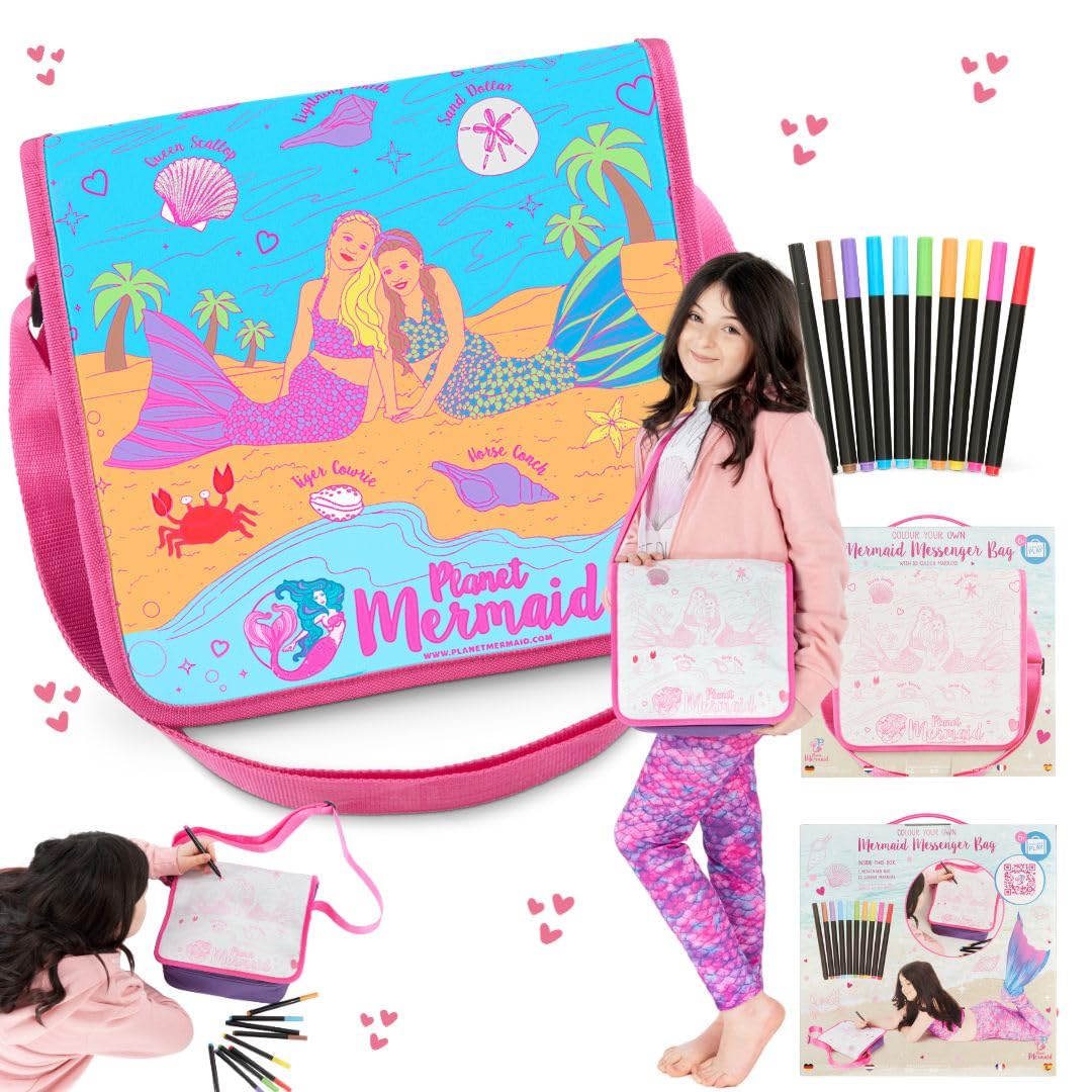 Planet Mermaid Colour Your Own Mermaid Bag with 10 Vibrant Felt Tip Pens, Arts and Crafts Activity Colour Your Own Bag Gift Idea for Creative Children Aged 6+ Pink