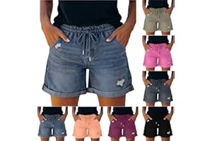 Womens Denim Shorts Casual Summer Elastic Waist Drawstring Wide Leg Jean Shorts Rolled Up Hem Y2k Jeans with Pockets