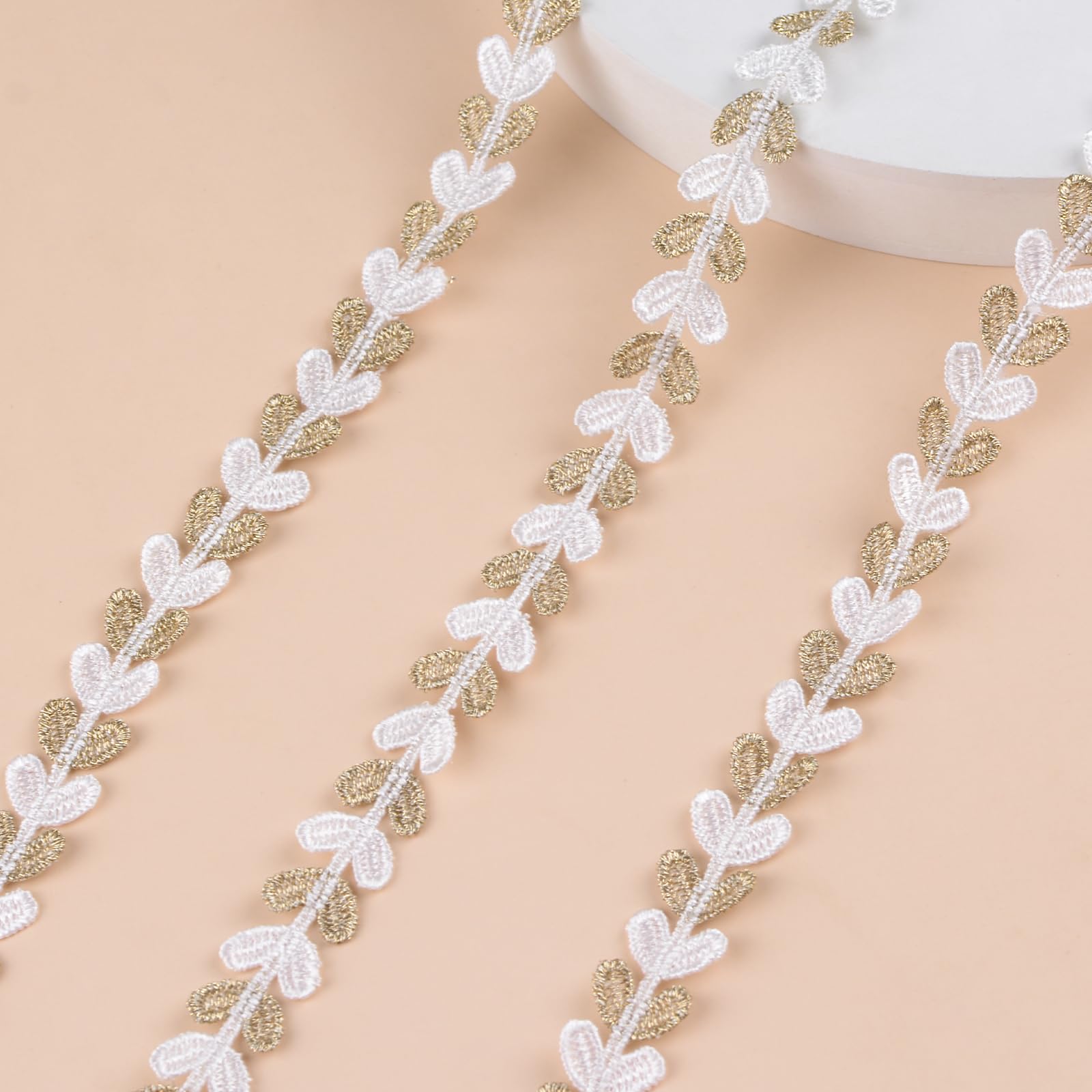 URROMA White Gold Heart Lace Trim, 10 Yards Lace Ribbon Roll Vintage Strap for Sewing Crafting Wedding Cards Decorations DIY Crafts Materials