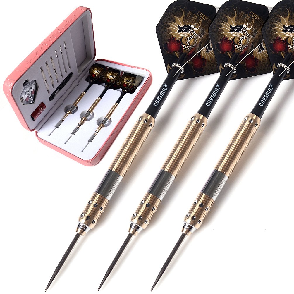 CUESOUL Dragon Series 25 Grams Professional Steel Tip Darts Set Brass Barrels Shockproof Deluxe PU Carry Case Nylon Shafts Well Balanced (JL-SL-J2201L)