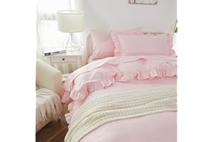 Brandream Kid's Duvet Cover Full/Queen Size,100% Organic Cotton 3Piece Girl Bedding Duvet Cover Set, Ruffled Fringe Solid Color Soft Breathable with Zipper Closure & Corner Ties(Pink)